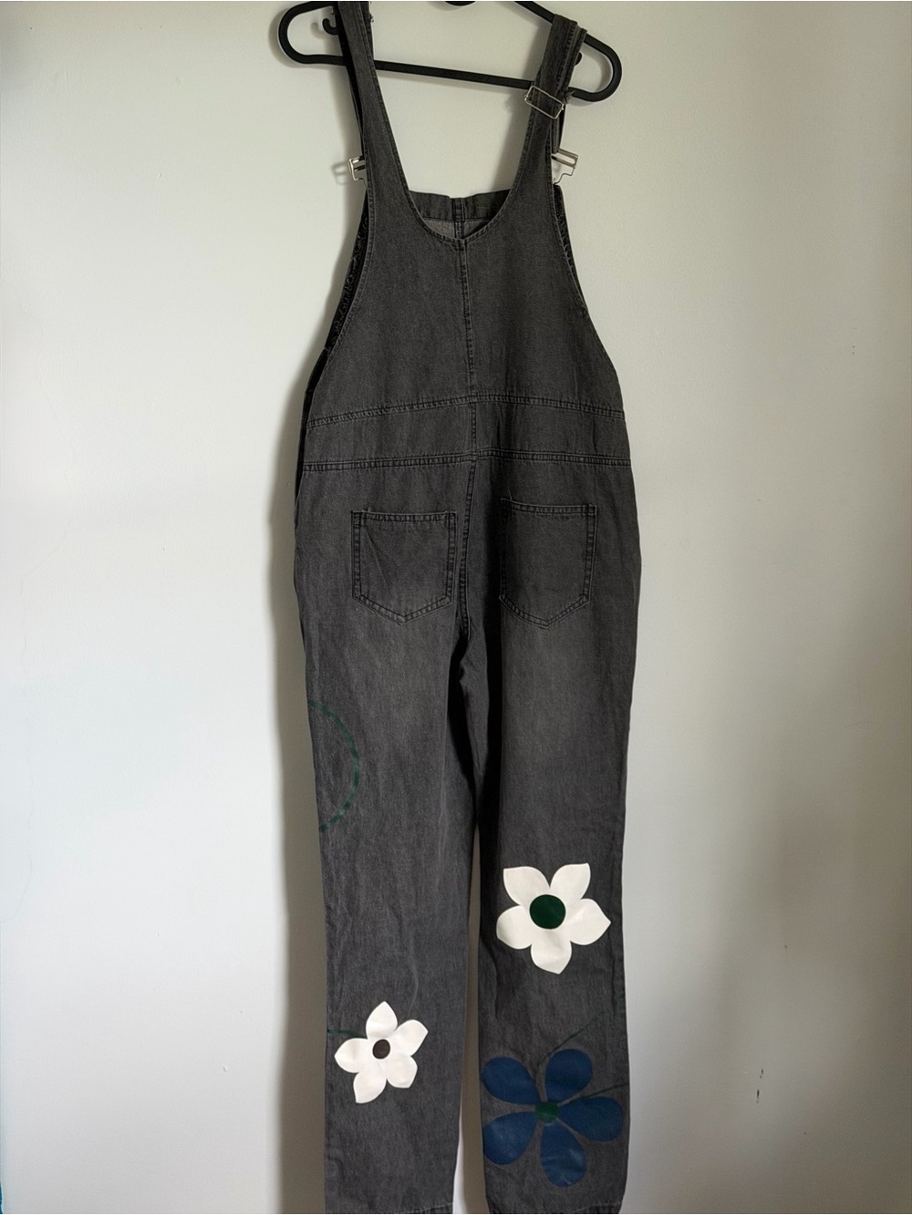 Hand-Painted Black Floral Denim Overalls Jumpsuit - Picture 8 of 8
